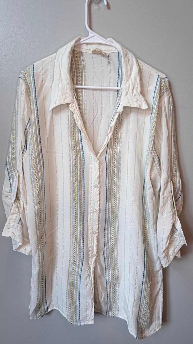 Elan Large Boho Embroidered Striped Metallic Lurex Button Down Tunic Blouse